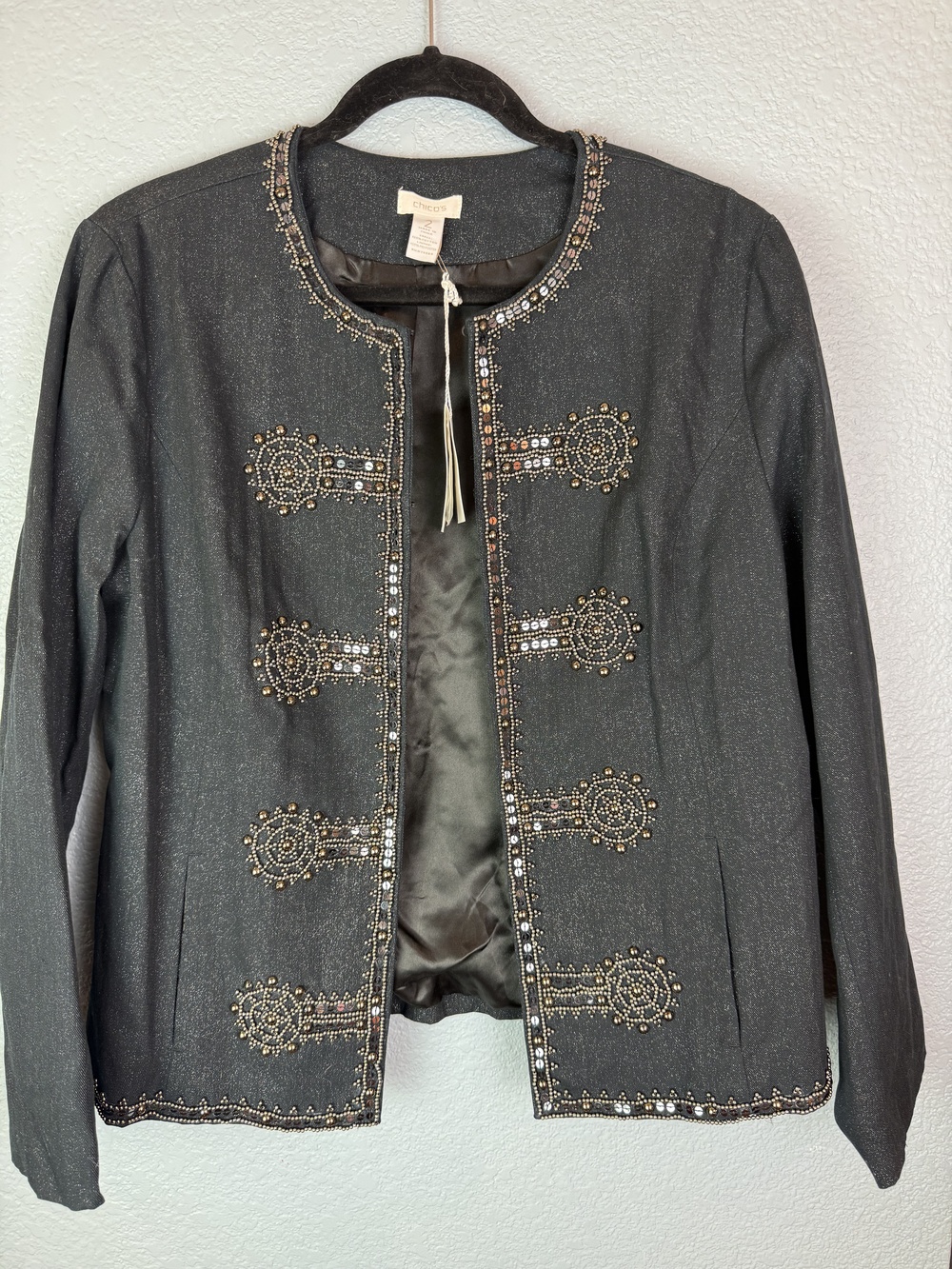 Chicos Jacket Womens 2 Metallic Open Front Embellished Beaded Sequin Boho NWT